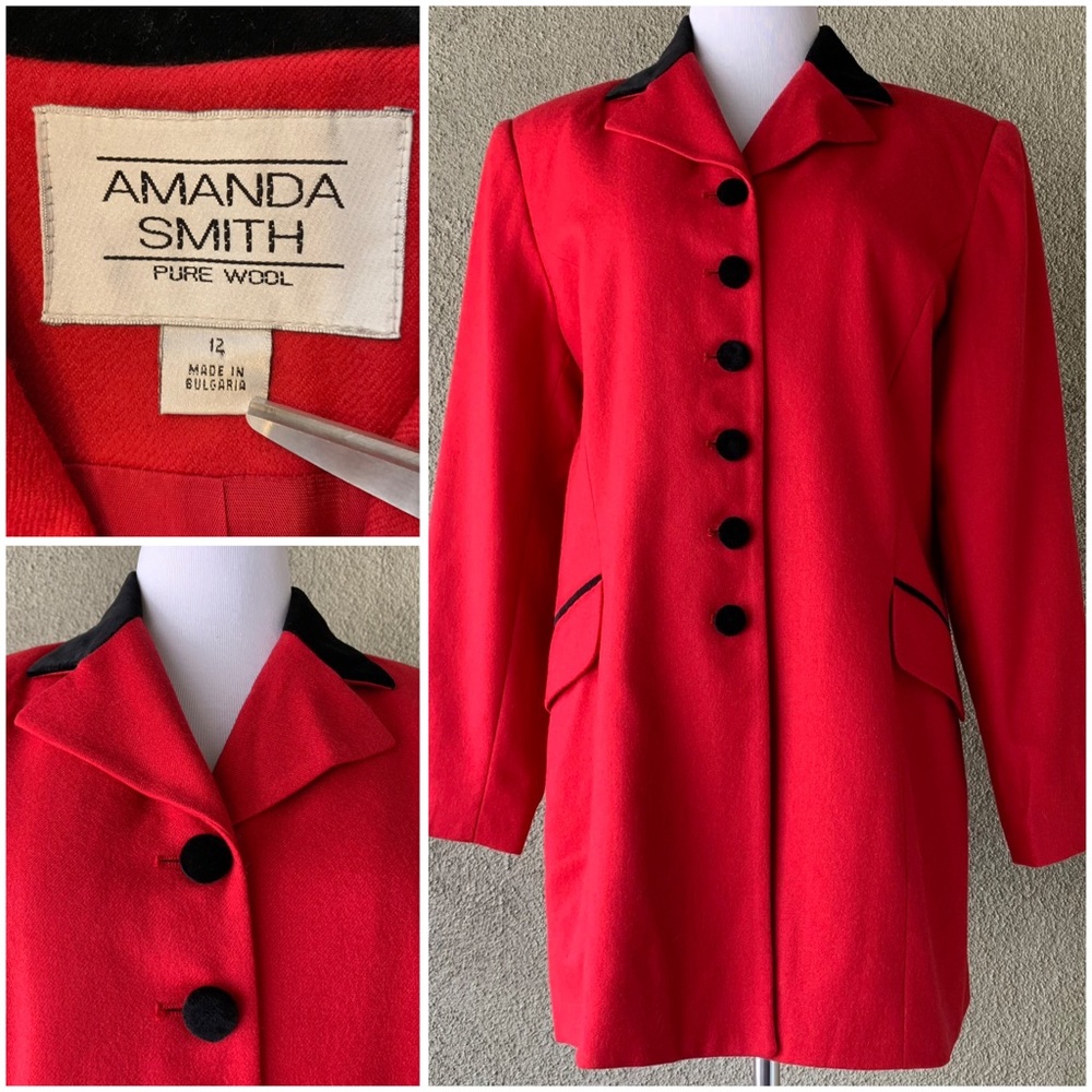 🔥5/$20🔥 “Amanda Smith” Red Pure Wool Jacket Velvet Collar size 12